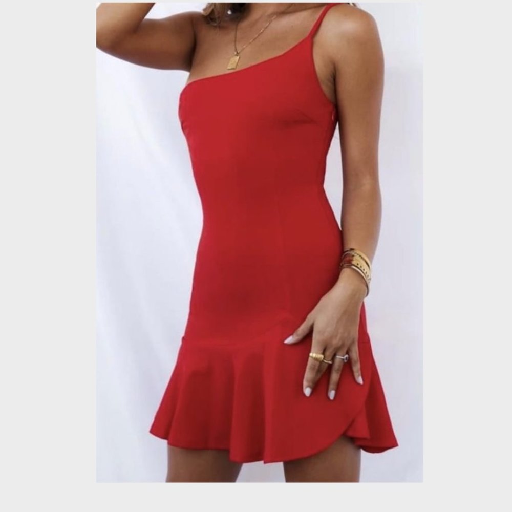 Hello Molly Red One Shoulder Ruffle Dress